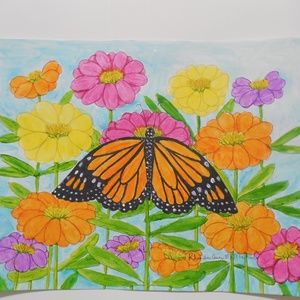 Monarch Butterfly on Zinnia Painting